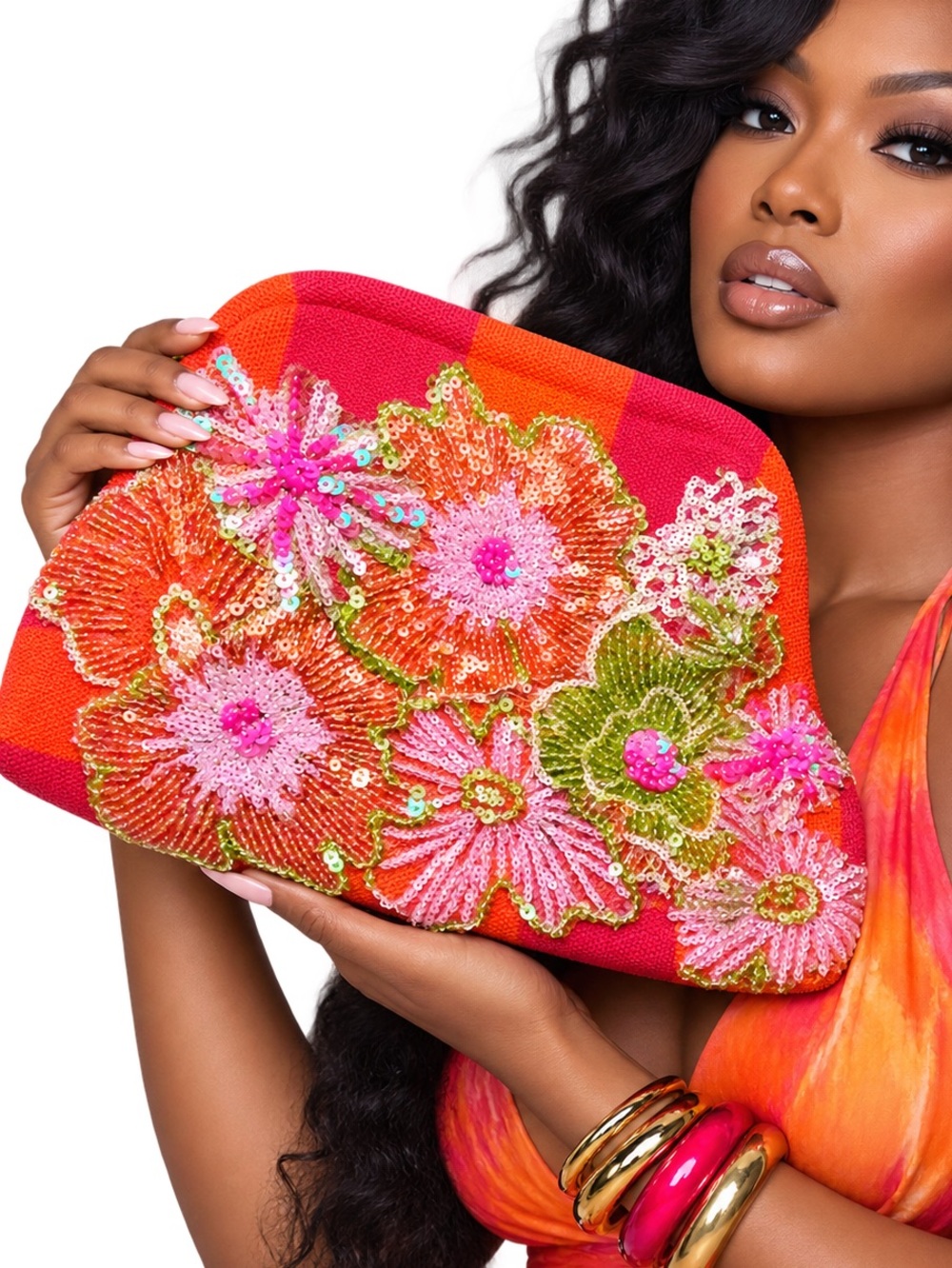 Vibrant Customized Floral Sequin Clutch - Pink, Orange & Green